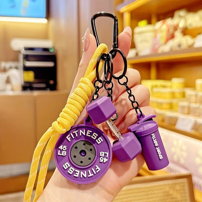 Llavero Deportivo Temático - Mini Mancuerna, Mini Barra de Pesas y Mini Botella Deportiva - Accesorio creativo para Mujer - Fitness - Morado