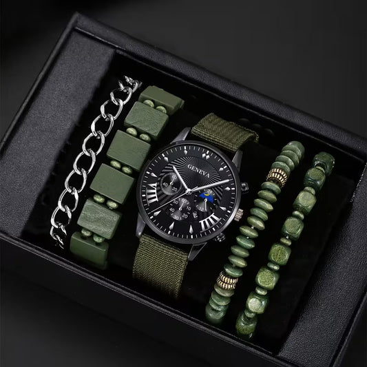 Accesorios de Moda para Hombre - Set de Regalo de 5 Piezas - Pulseras y Reloj - Estilo Ejecutivo y Casual – Negro, Plata y Verde