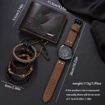 Set de Accesorios de Moda para Hombre 6 Piezas - Reloj Pulseras Billetera - Café Oscuro Aguila