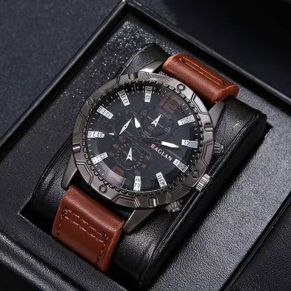 Set de Accesorios de Moda para Hombre 6 Piezas - Reloj Pulseras Gafas Aviador - Café Oscuro y Claro