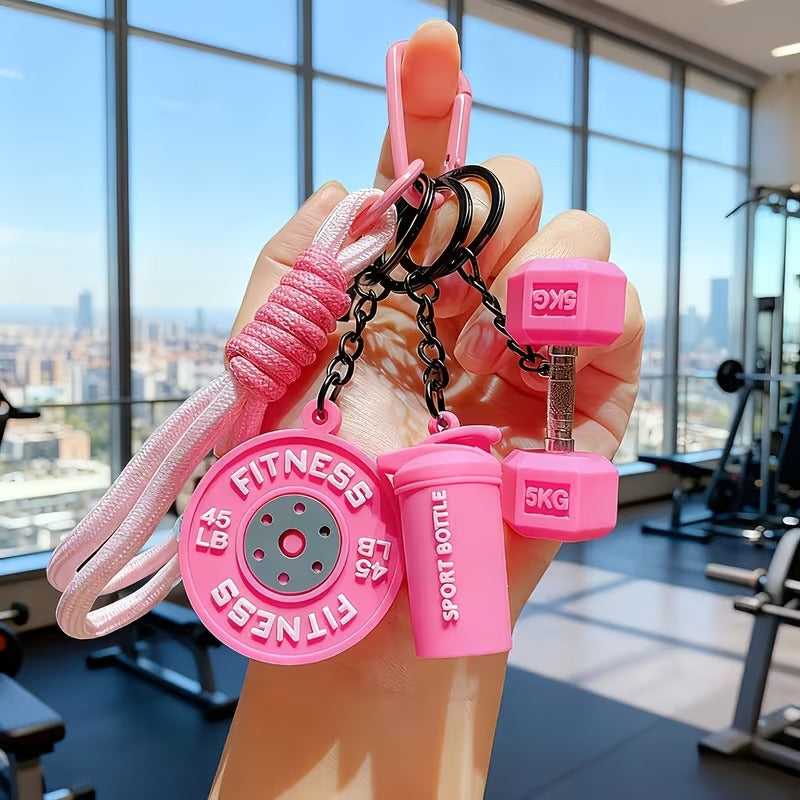 Llavero Deportivo Temático - Mini Mancuerna, Mini Barra de Pesas y Mini Botella Deportiva - Accesorio creativo para Mujer - Fitness - Rosa