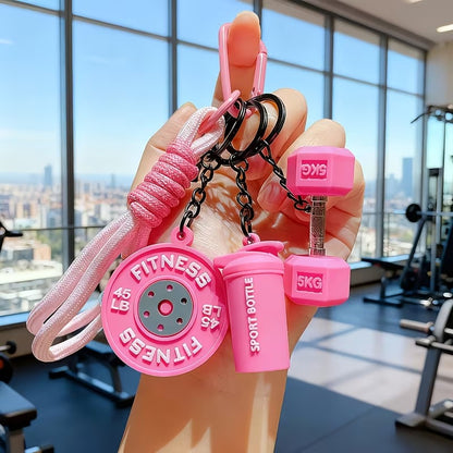 Llavero Deportivo Temático - Mini Mancuerna, Mini Barra de Pesas y Mini Botella Deportiva - Accesorio creativo para Mujer - Fitness - Rosa