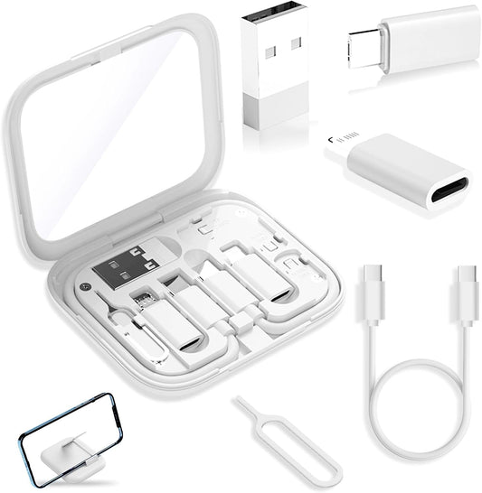 Adaptadores Universales Multifuncionales para Dispositivos Móviles - Kit 6 en 1 - USB-C / USB-A / Lightning / USB-C micro - Estuche con espejo integrado y Soporte para Celular – Compatible con iPhone, Samsung, Pixel, Google y más - Blanco