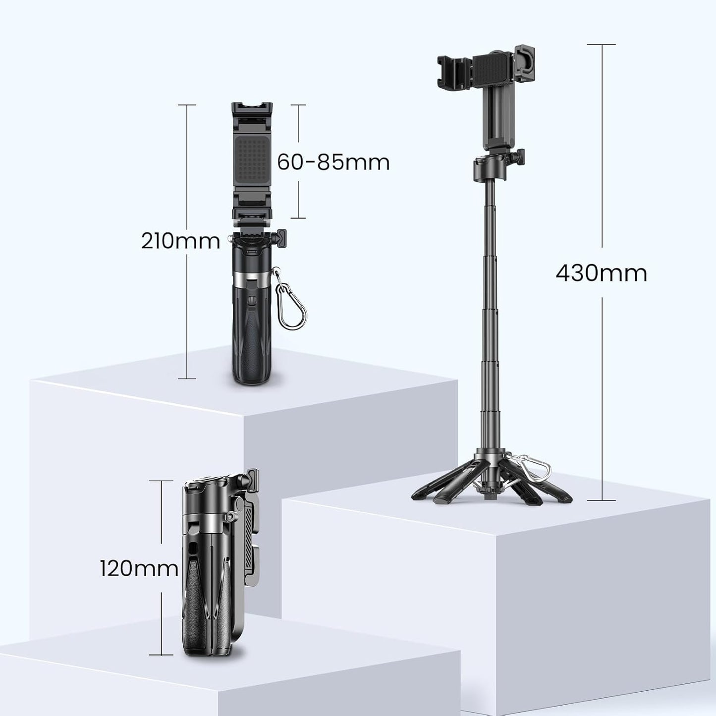 Selfie Stick 3 en 1 de Aluminio con Trípode y Control Bluetooth Negro