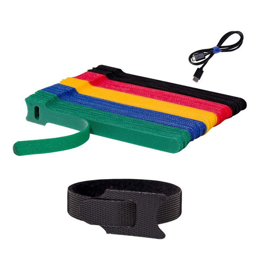 Bridas de Microfibra Reutilizables - Organizador de cables de dispositivos móviles y multipropósitos - Gancho y Bucle - 15 cm de largo - 5 Colores - Pack x100