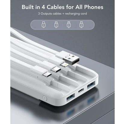 Power Bank 10000mAh 4 Cables Integrados USB-C Carga Rápida Blanco