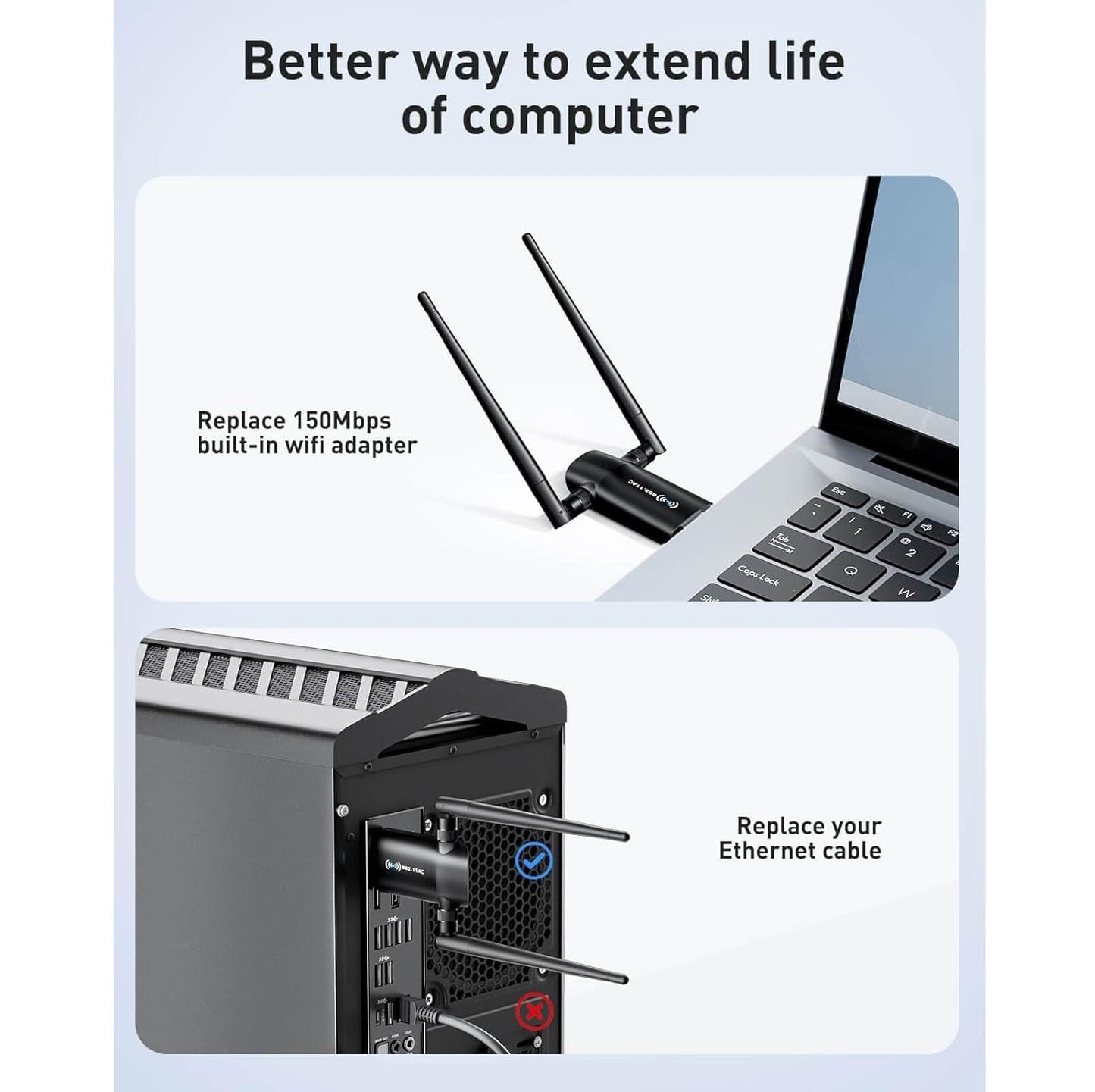 Adaptador WiFi USB 1300Mbps Dual 5dBi Windows Compatible