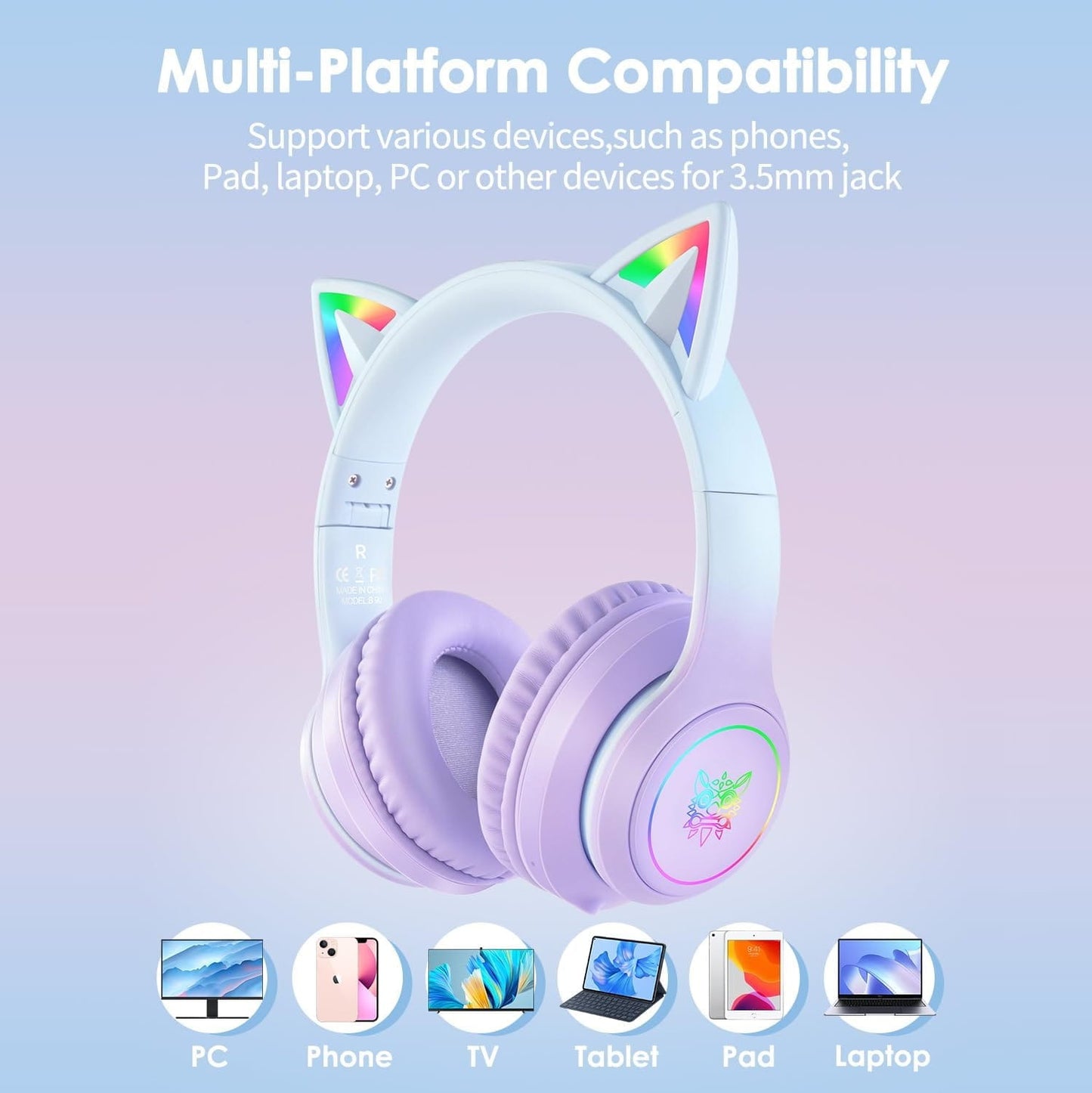 Audífonos Bluetooth ONITOON Orejas de Gato LED HiFi