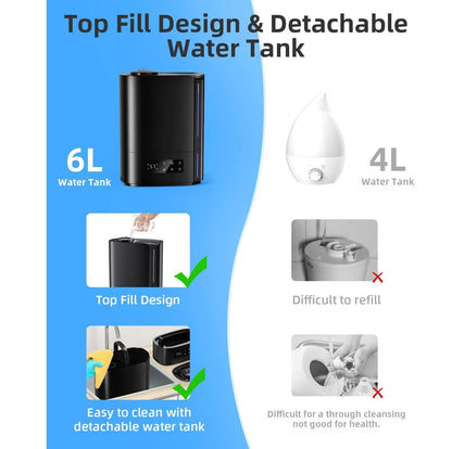 Humidificador Ultrasónico 6L Inteligente LED – Difusor Aromaterapia Negro