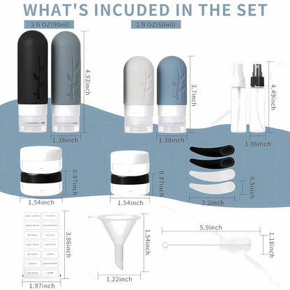 Set de 18 Botellas y Atomizadores de Viaje – Rellenables y Antifugas