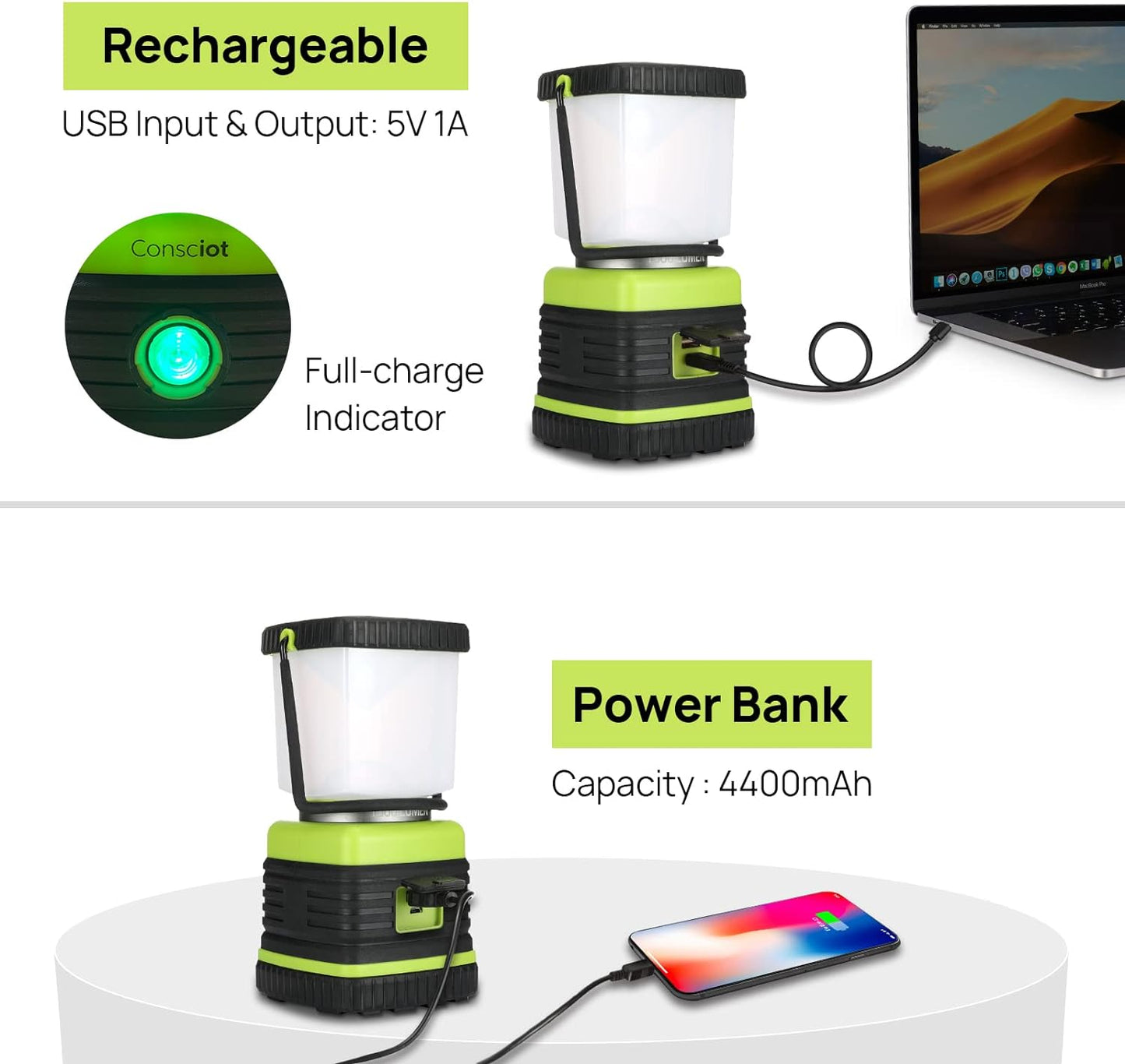 Linterna LED Camping 1000 lm Recargable 4400 mAh IPX4