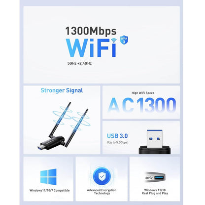 Adaptador WiFi USB 1300Mbps Dual 5dBi Windows Compatible