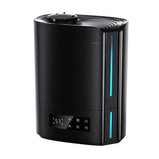Humidificador Ultrasónico Inteligente - 6 Litros - Pantalla Led - Hogar, Oficina y más - Silencioso - Aromaterapia, Difusor de aceites esenciales - 3 Niveles ajustables - Boquilla con rotación de 360° - 7 Colores LED Ambientales - Niebla Fría - Negro