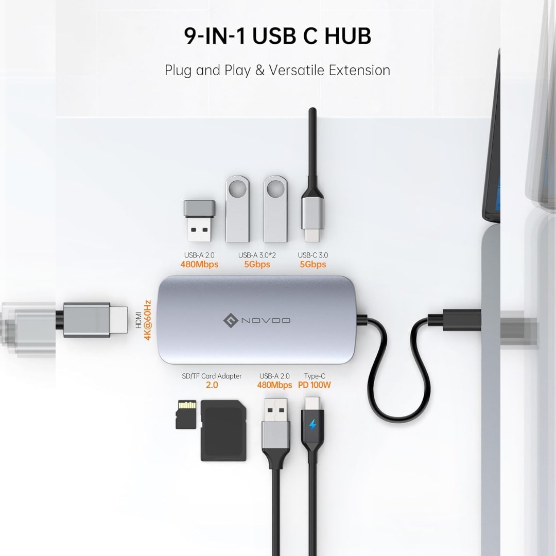 Hub USB-C 9 en 1 con HDMI 4K 60Hz y Carga PD 100W
