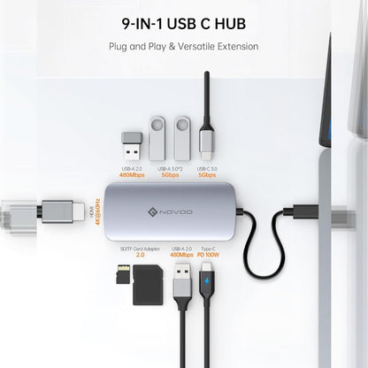 Hub USB-C 9 en 1 con HDMI 4K 60Hz y Carga PD 100W