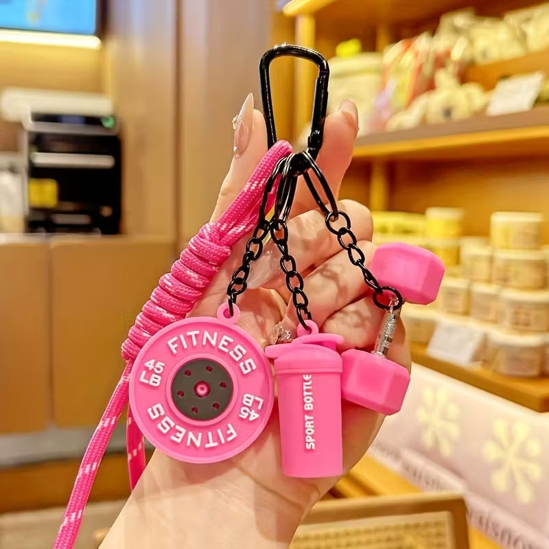 Llavero Deportivo Temático - Mini Mancuerna, Mini Barra de Pesas y Mini Botella Deportiva - Accesorio creativo para Mujer - Fitness - Rosa