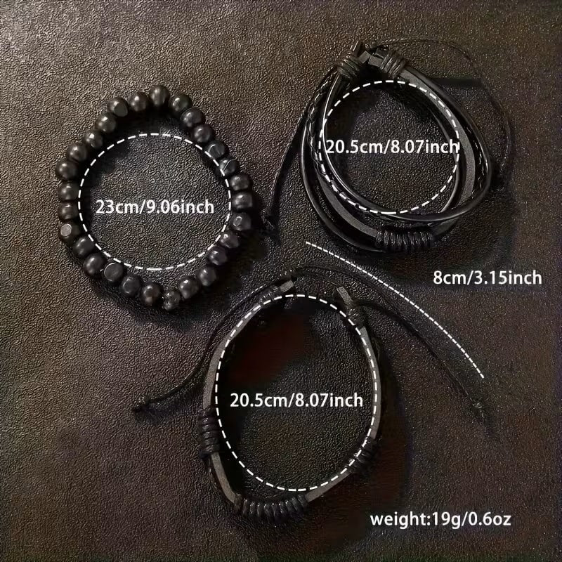 Set de Accesorios de Moda para Hombre 4 Piezas - Pulseras y Reloj - Negro