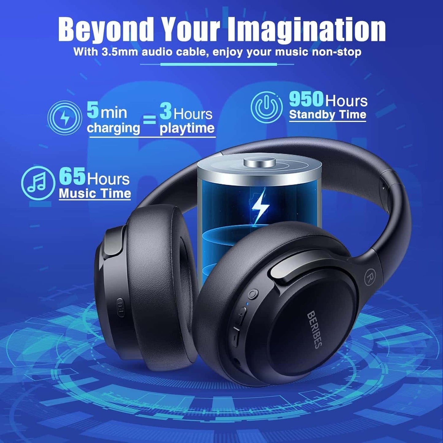 Audífonos Bluetooth Over Ear Plegables 65h Hi-Fi Negro