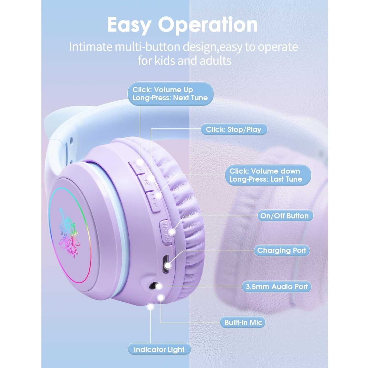 Audífonos Bluetooth ONITOON Orejas de Gato LED HiFi