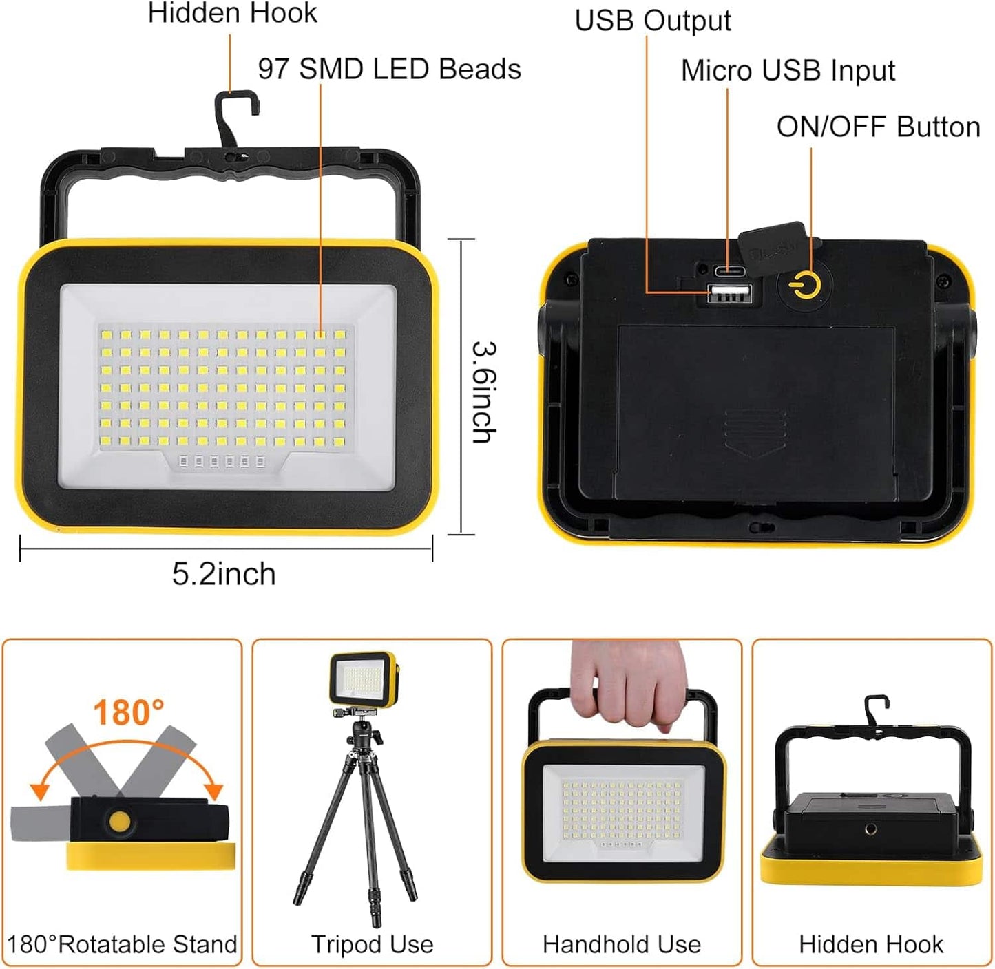 Reflector LED Portátil Recargable 1200 LM Impermeable – 5 Modos