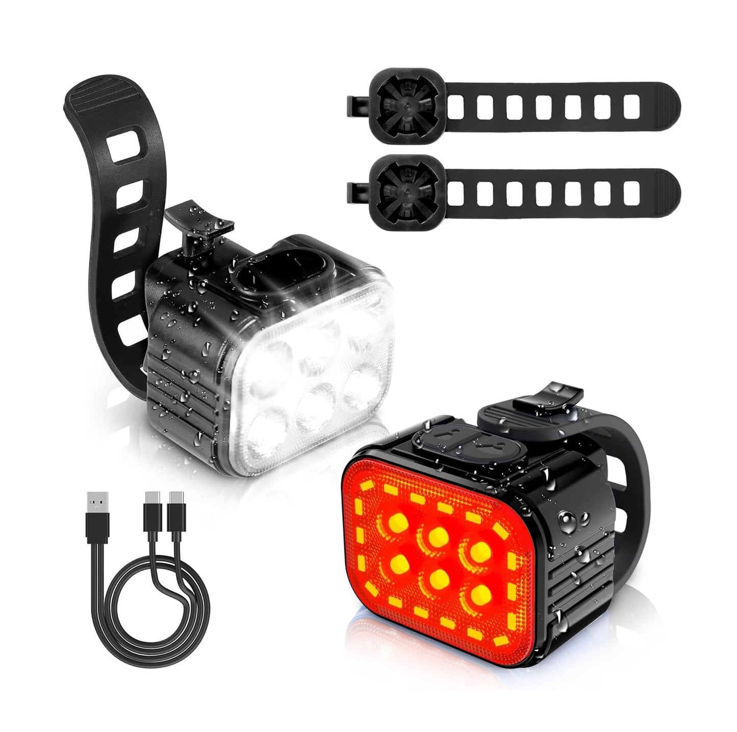 Luces para bicicleta PRO - Juego de 2 Luces Delantera y Trasera - 500 lm - 8+13 modos - Recargables USB - Impermeables IP65 - Haz de 6 puntos y luz amplia - Ultra brillante - Negro - Pack x2