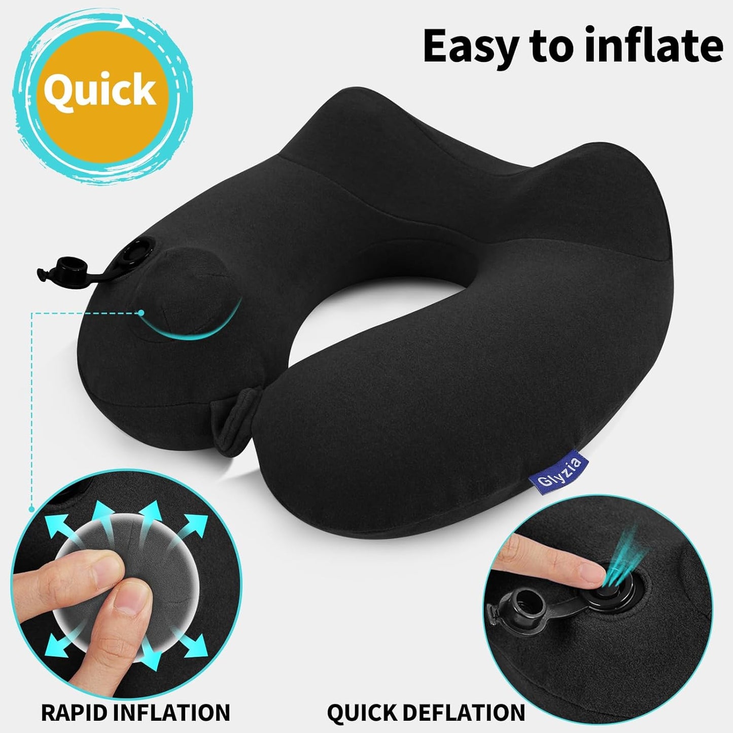 Almohada Inflable de Viaje en Forma de U - Bomba Integrada - Terciopelo Suave - Kit Tapones oídos y Máscara de Ojos