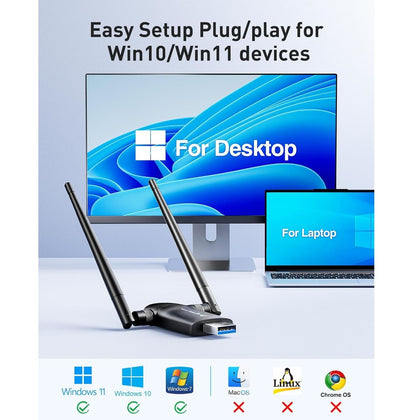 Adaptador WiFi USB 1300Mbps Dual 5dBi Windows Compatible