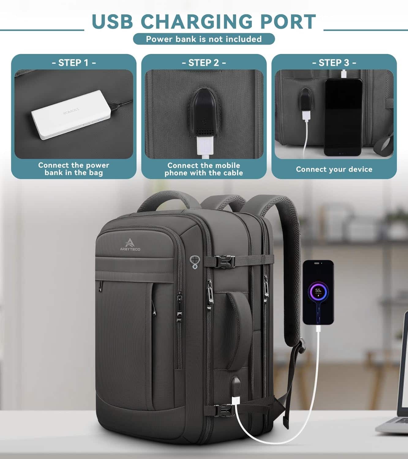 Mochila de Viaje Expandible 50L – Carry-On, Resistente al Agua con USB