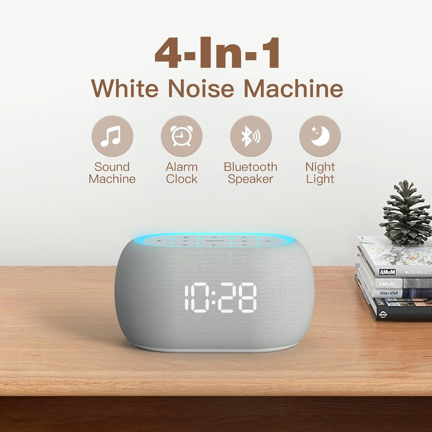 Reloj Despertador con Máquina de Sonido - Bluetooth y Luz Nocturna - 21 Sonidos Relajantes - Control de volumen de 30 niveles - 7 Luces Nocturnas - Temporizador de Sueño y Atenuación 0–100% - Gris