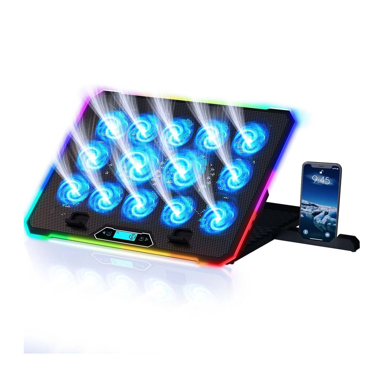 Base Enfriadora de Alta Eficiencia para Laptop PRO - 14 Ventiladores incorporados - Soporte de Refrigeración para Laptops Gamer - Luces con Efectos RGB - Hasta 17 pulgadas - Con soporte lateral para Smatphone