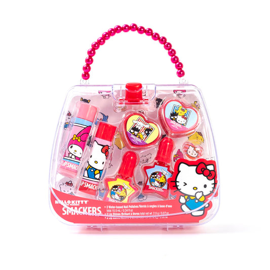 Set de Maquillaje Infantil - Lip Smacker Hello Kitty - Bálsamos Labiales Hidratantes saborizados, Esmaltes de Uñas coloridos, Anillo de accesorio Sanrio y Elegante Bolsa de Mano – Regalo Ideal para Niñas