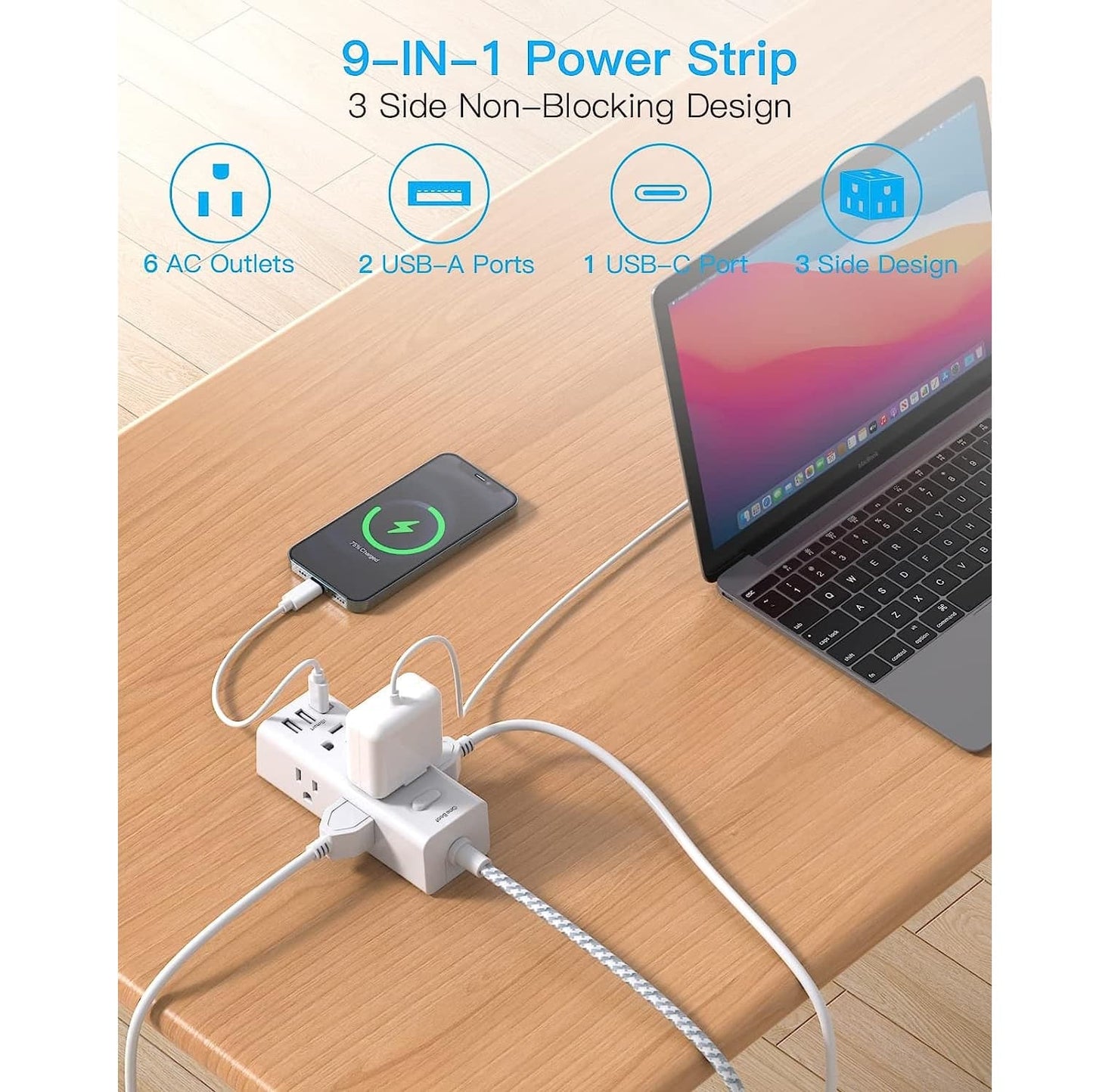 Regleta One Beat 9 en 1 con USB C y Protector de Sobretensiones