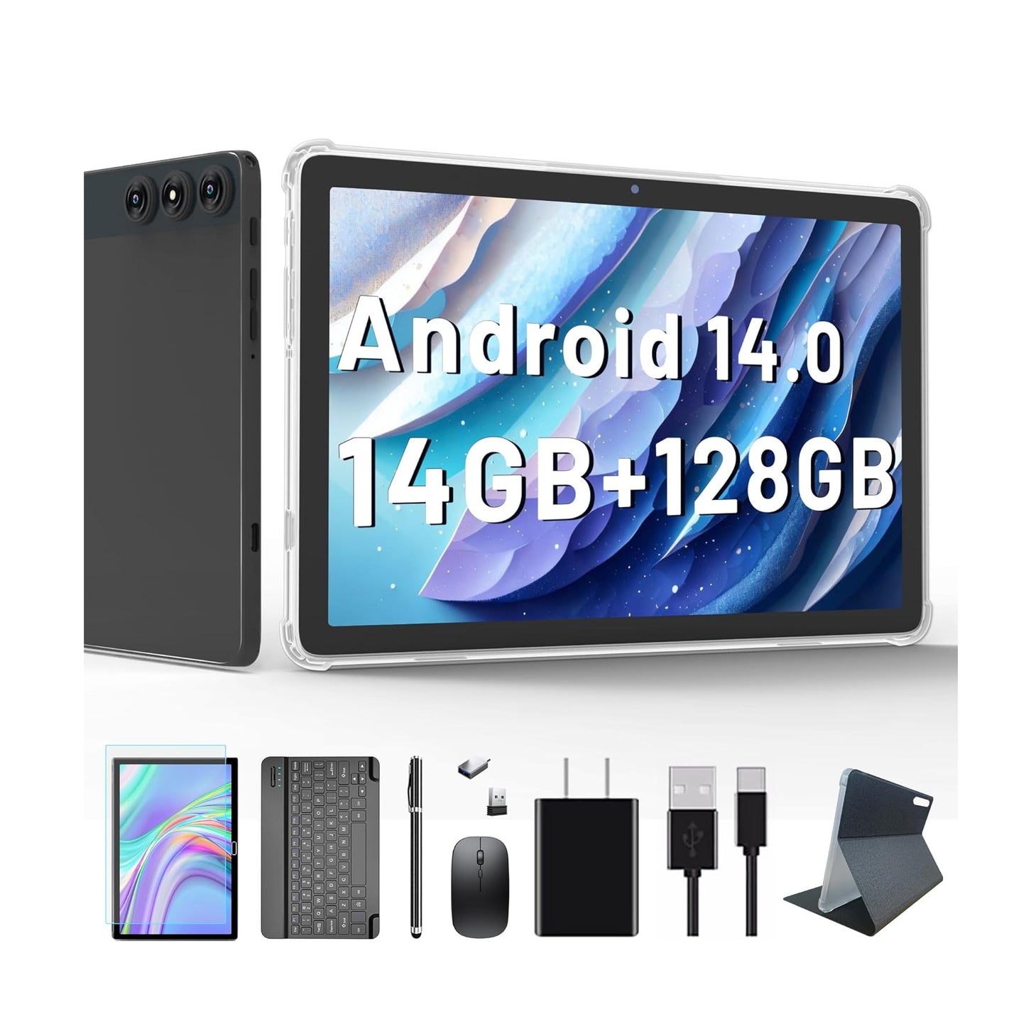 Tablet Android 14 - 14GB RAM, 128GB expandible 1TB - Dual Sim 4G, WiFi 5G, Bluetooth 5, GPS, 7000 mAh - Pantalla de 10.1" - 6 en 1, Teclado, Mouse, Estuche, Cargador, Lápiz óptico y Más