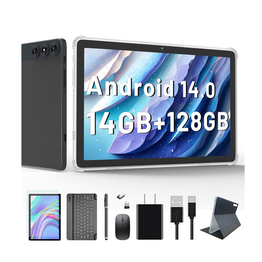 Tablet Android 14 - 14GB RAM, 128GB expandible 1TB - Dual Sim 4G, WiFi 5G, Bluetooth 5, GPS, 7000 mAh - Pantalla de 10.1" - 6 en 1, Teclado, Mouse, Estuche, Cargador, Lápiz óptico y Más