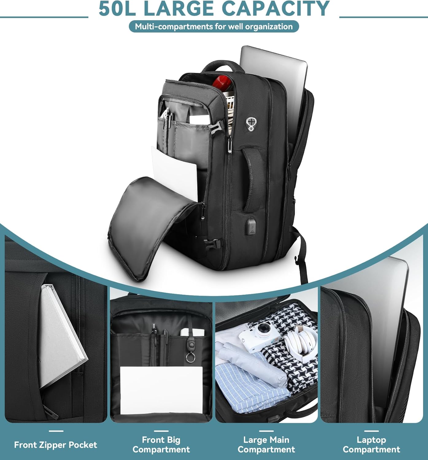 Mochila de Viaje Expandible 50L – Carry-On, Resistente al Agua con USB