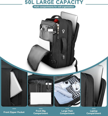 Mochila de Viaje Expandible 50L – Carry-On, Resistente al Agua con USB