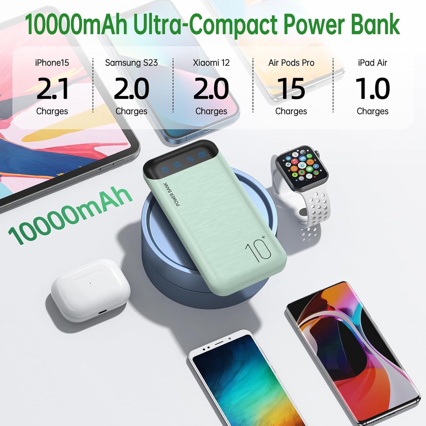 Power Bank 10000mAh USB-C Carga Rápida Protección Verde