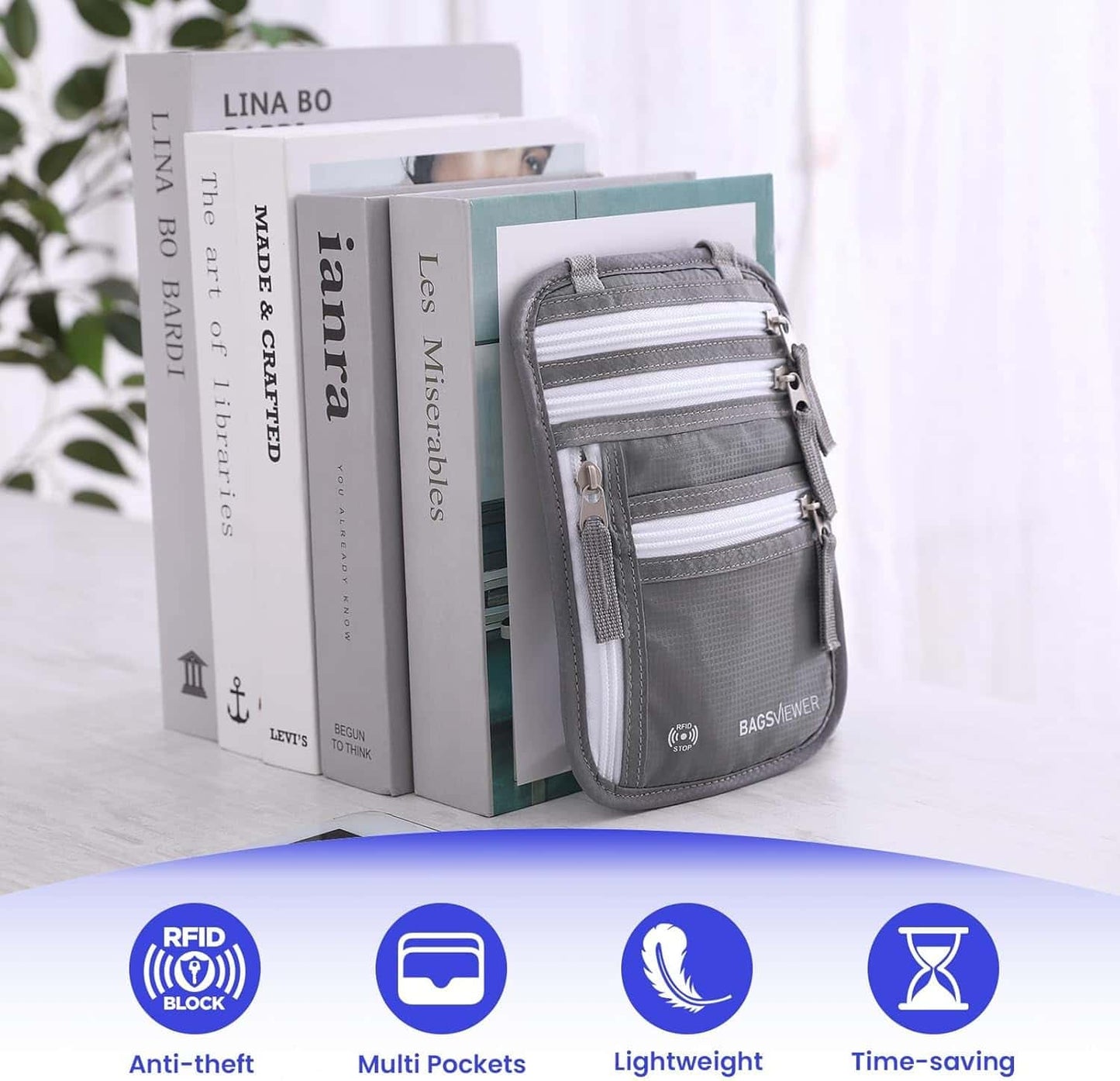 Bolso de cuello para viaje Antirrobo con Bloqueo RFID - Gris Claro