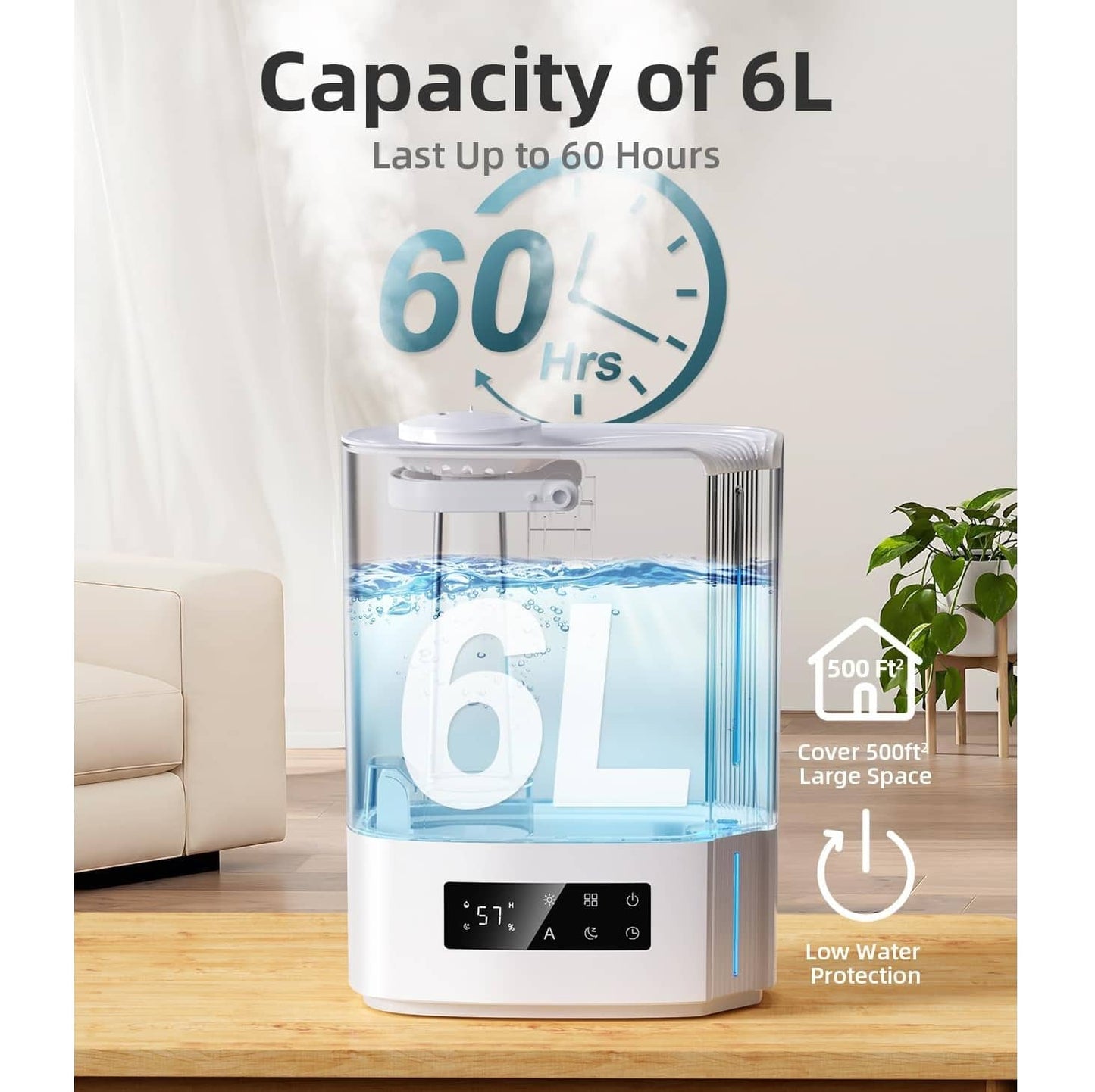 Humidificador Ultrasónico 6L Inteligente – Difusor Aromaterapia y LED - Blanco