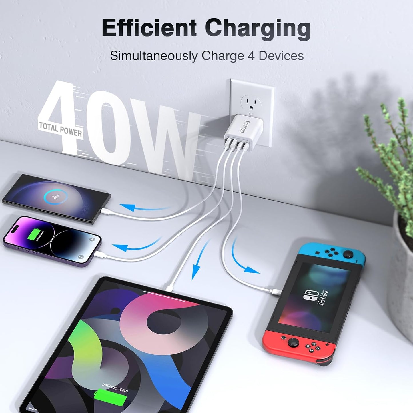 Cargador de Pared Inteligente Multi USB-C USB-A - hasta 40W – Carga 4 Dispositivos