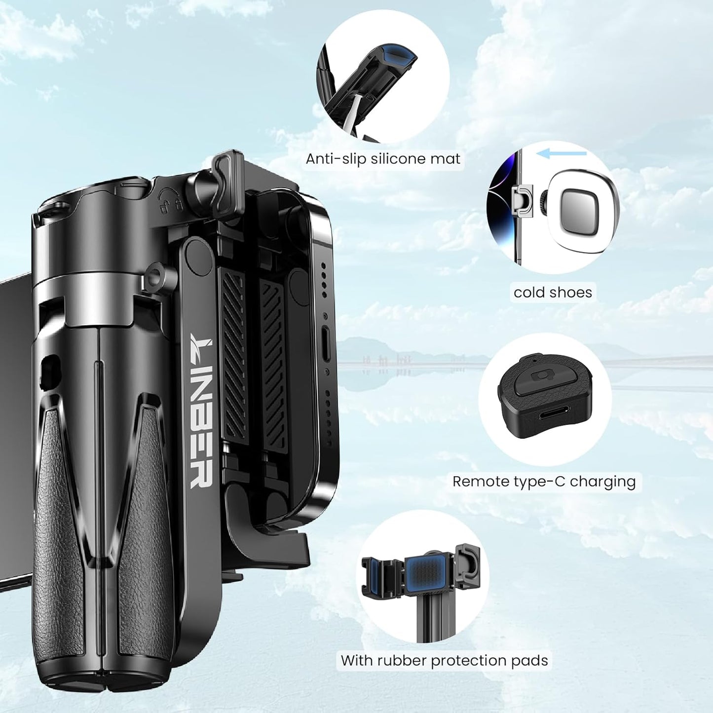 Selfie Stick 3 en 1 de Aluminio con Trípode y Control Bluetooth Negro