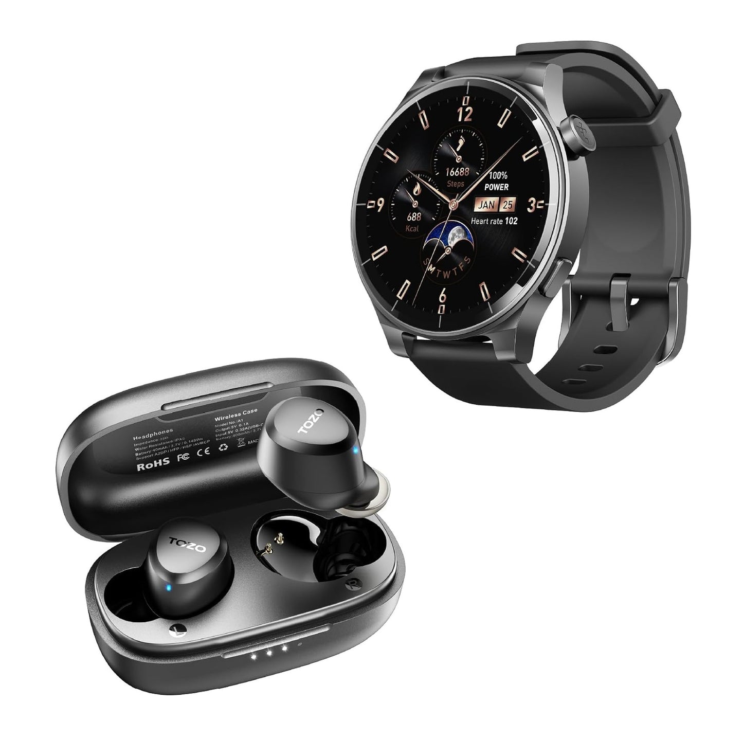 SmartWatch COMBO - TOZO S5 con Pantalla AMOLED de 1.43” + Audífonos Tozo A1 – Llamadas Bluetooth, audio impecable y más de 100 Modos Deportivos - Negro