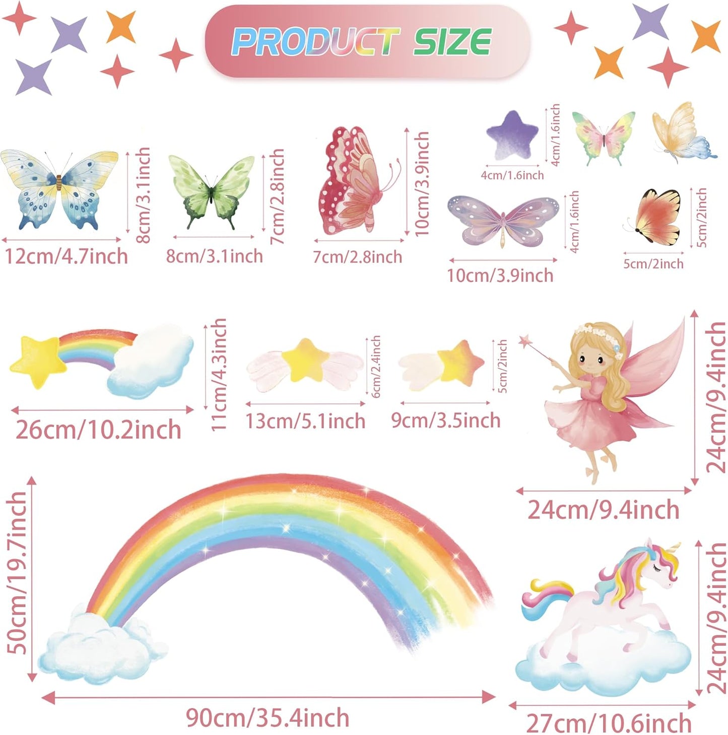 Stickers Pared Niñas Arcoíris, Mariposas y Unicornio 69pz
