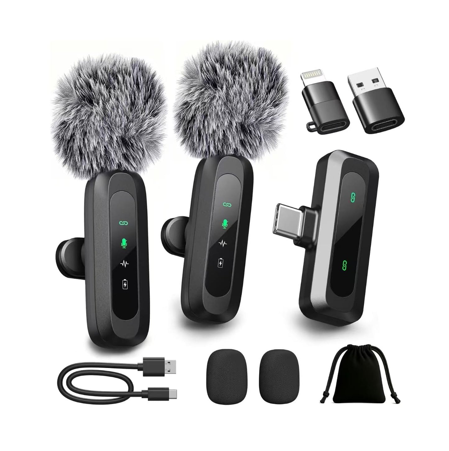 Micrófonos PRO Lavalier Inalámbricos – Micrófonos de solapa - USB-C – Cancelación de Ruido HD – 3 Adaptadores y Estuche Portátil – Pantala LED - Compatible con Android, iPhone 15, PC – Ideal para Vlogging y Streaming – Pack x2