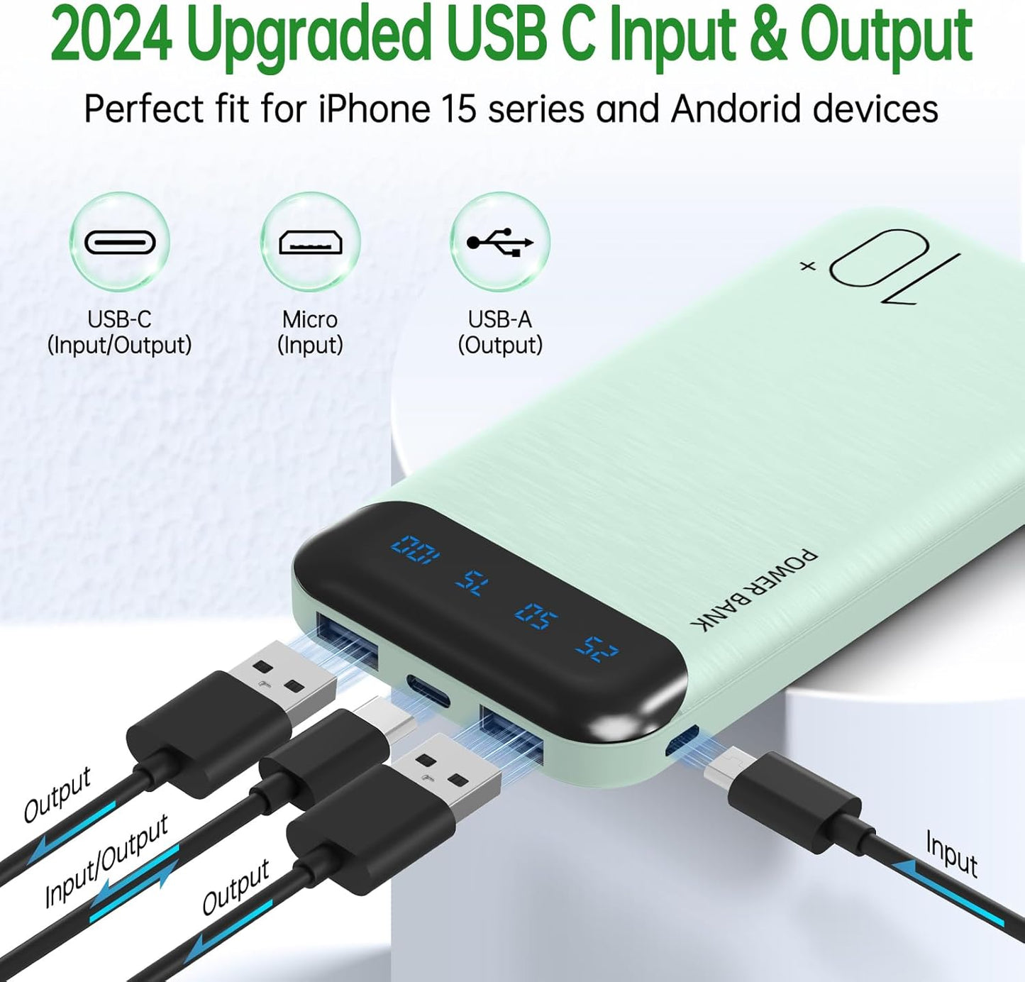 Power Bank 10000mAh USB-C Carga Rápida Protección Verde