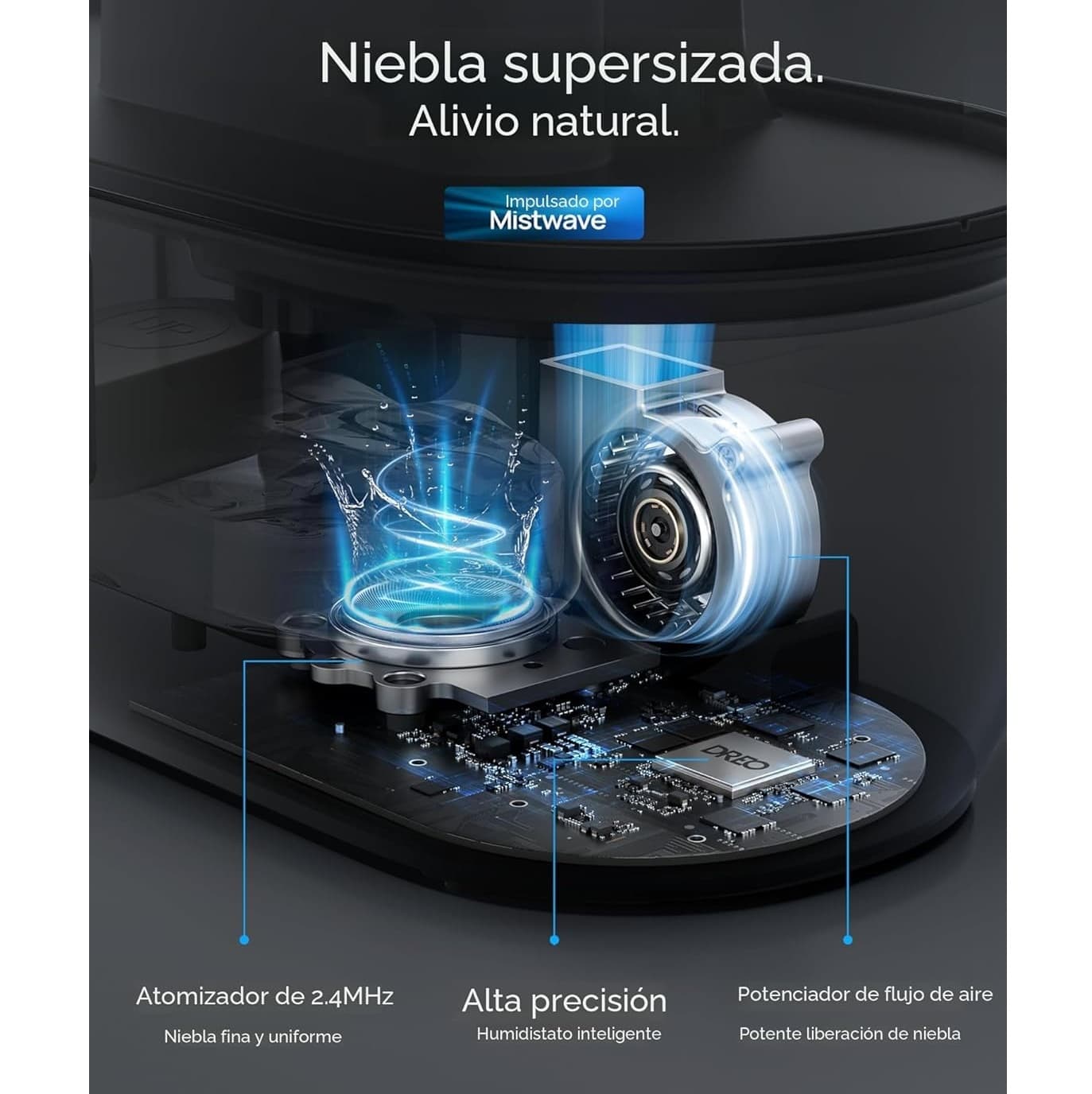 Humidificador Ultrasónico 4L Inteligente WiFi – Alexa/Google, Difusor Negro