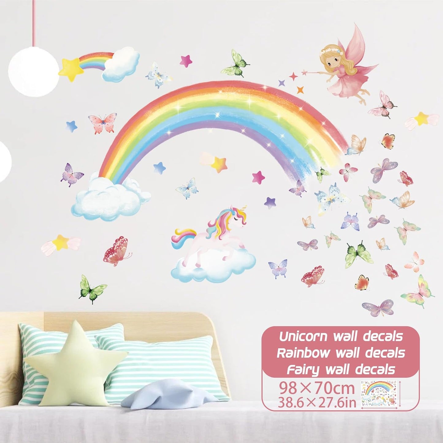 Stickers Pared Niñas Arcoíris, Mariposas y Unicornio 69pz