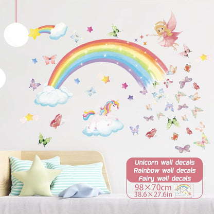 Stickers Pared Niñas Arcoíris, Mariposas y Unicornio 69pz