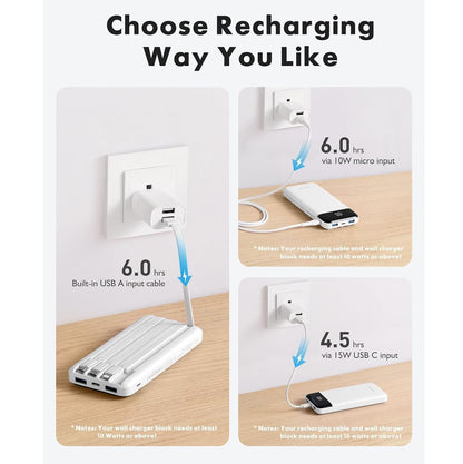 Power Bank 10000mAh 4 Cables Integrados USB-C Carga Rápida Blanco