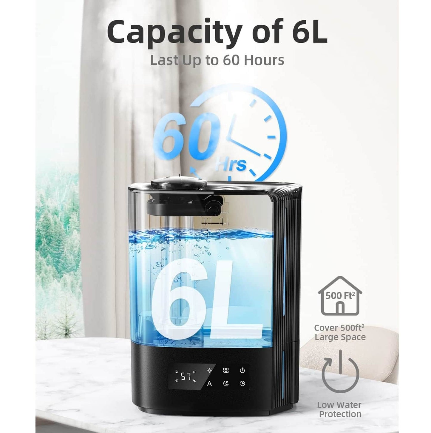 Humidificador Ultrasónico 6L Inteligente LED – Difusor Aromaterapia Negro